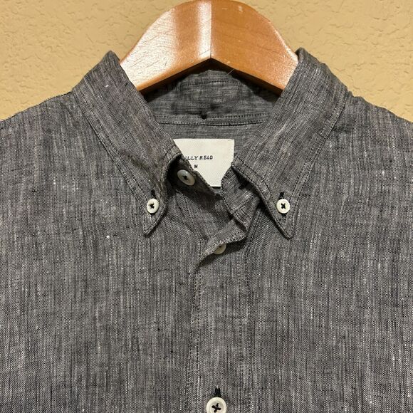 Billy Reid Button Down Shirt Men Medium Standard Black White Speckle 100% Linen - Picture 4 of 7
